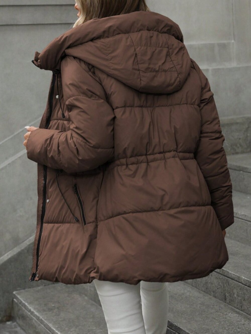 Coffee Brown Casual Women's Slim Waist Drawstring Hooded Puffer Jacket - Picture 2 of 5